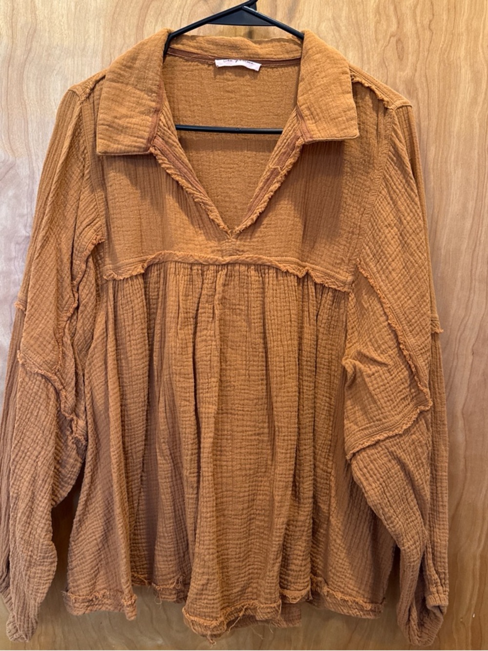 Boho Textured Long Sleeve Top - Mustard Brown